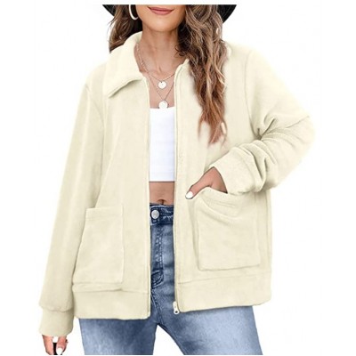 Beige Womens Fleece Jacket Lapel Zip Up Teddy Coat Cropped Winter Outerwear